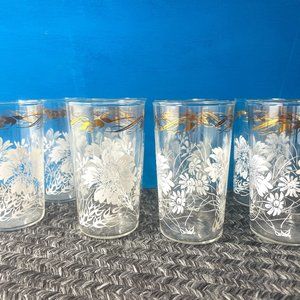 Vintage Federal Glass Cocktail Juice Bar White Gold Floral Flower 60s 70s Boho